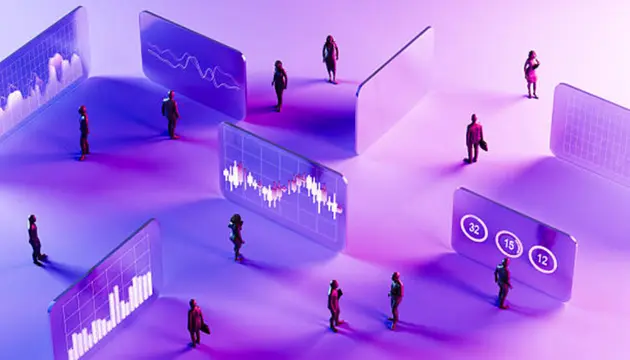 Abstract Figures Interacting with Holographic Data Screens for Modern Financial Analysis