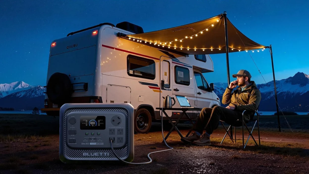 Bluetti Elite 300 power station connected to man's campsite