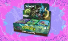 Magic the Gathering Secrets of Strixhaven booster box on pink and blue abstract background