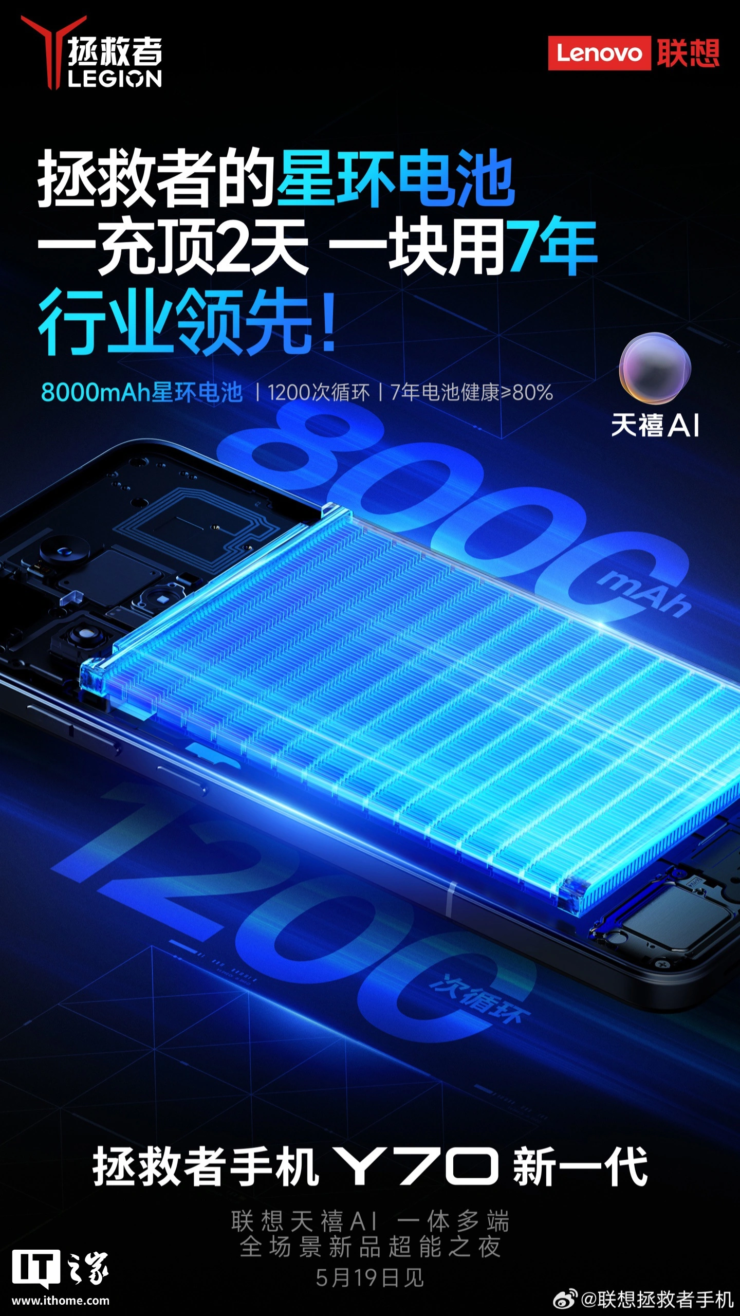 联想拯救者手机 Y70 新一代搭载 8000mAh 电池,7 年电池健康≧80%