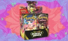 The Pokémon TCG: Perfect Order Booster Box on a purple, red, and blue background