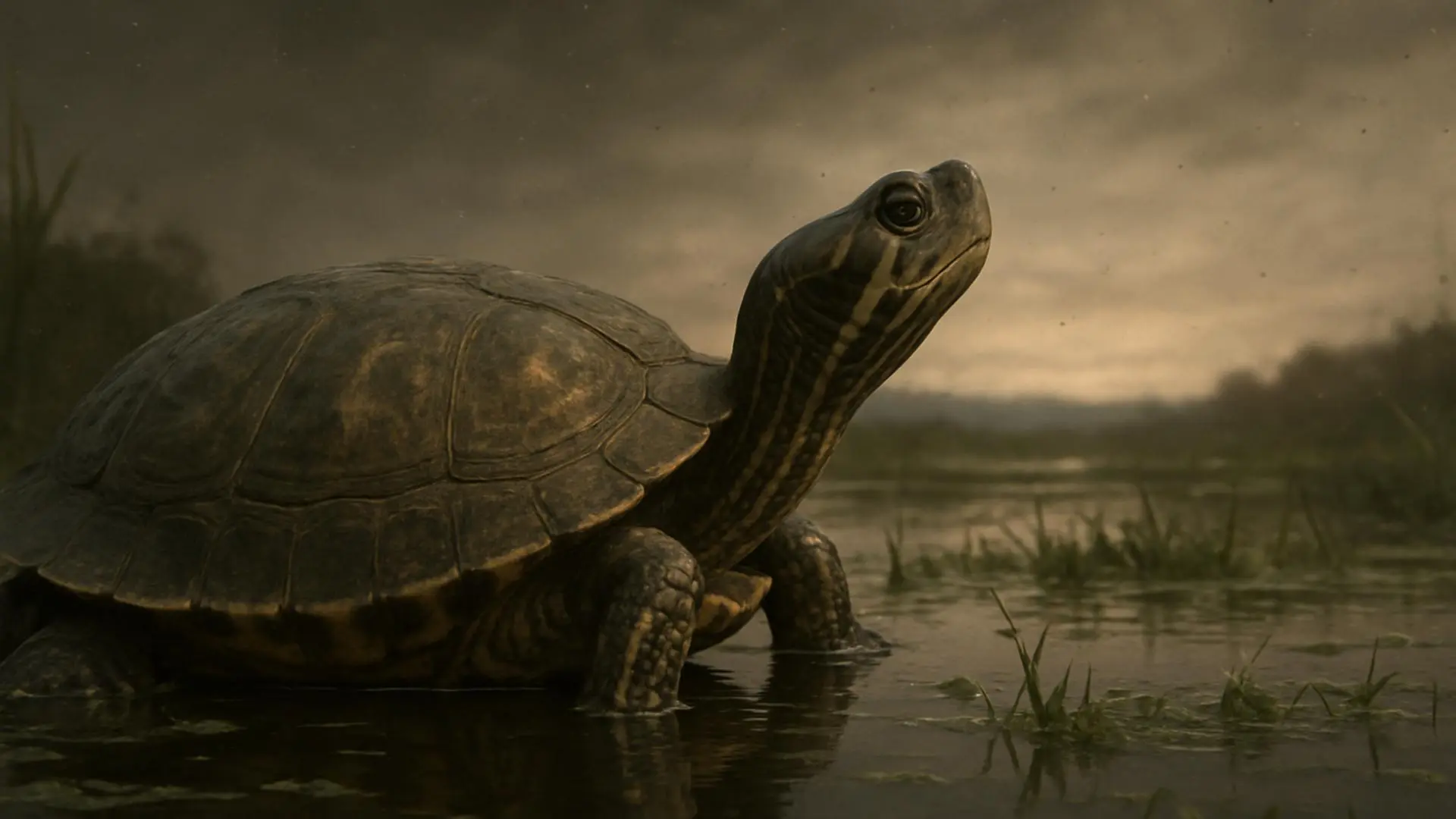 Una tortuga en un estanque bajo un cielo gris que sugiere un ambiente posterior a una catástrofe.