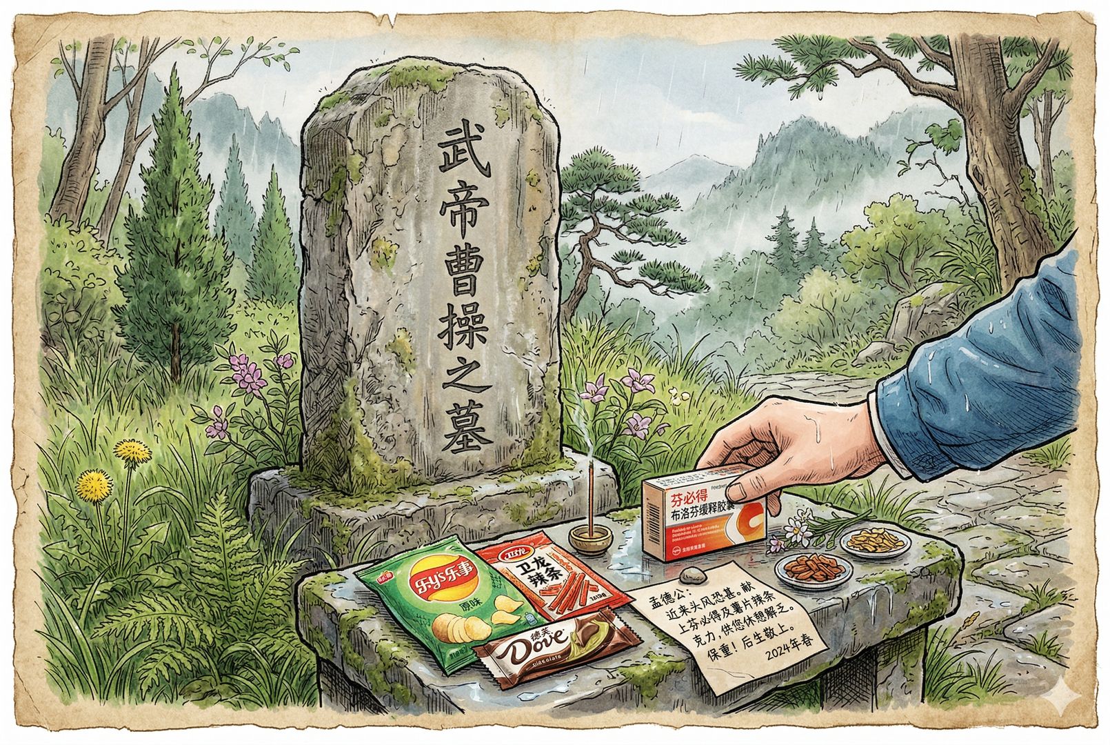 曹操墓前的近景,石碑古朴,一只年轻人的手郑重放下布洛芬药盒,旁边还有薯片、辣条、巧克力和小纸条,祭品组合滑稽又认真,春草新绿,羊皮纸,钢笔彩色手绘的统一风格。