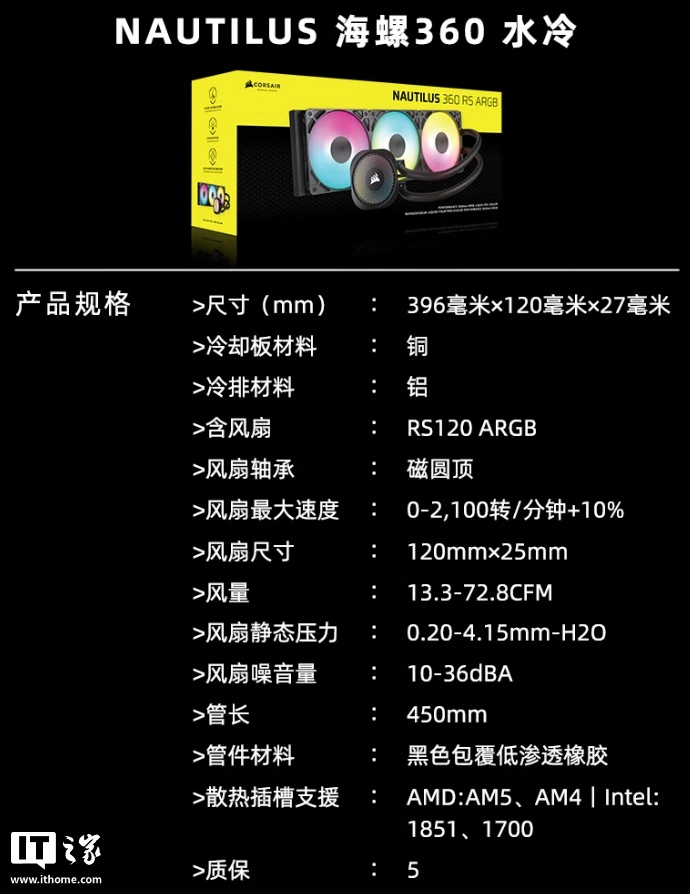 海盗船 NAUTILUS 海螺 360RS 水冷开售:菊花链设计可直连主板,999 元