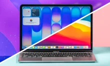 the macbook neo and the m1 macbook air spliced in half diagonally