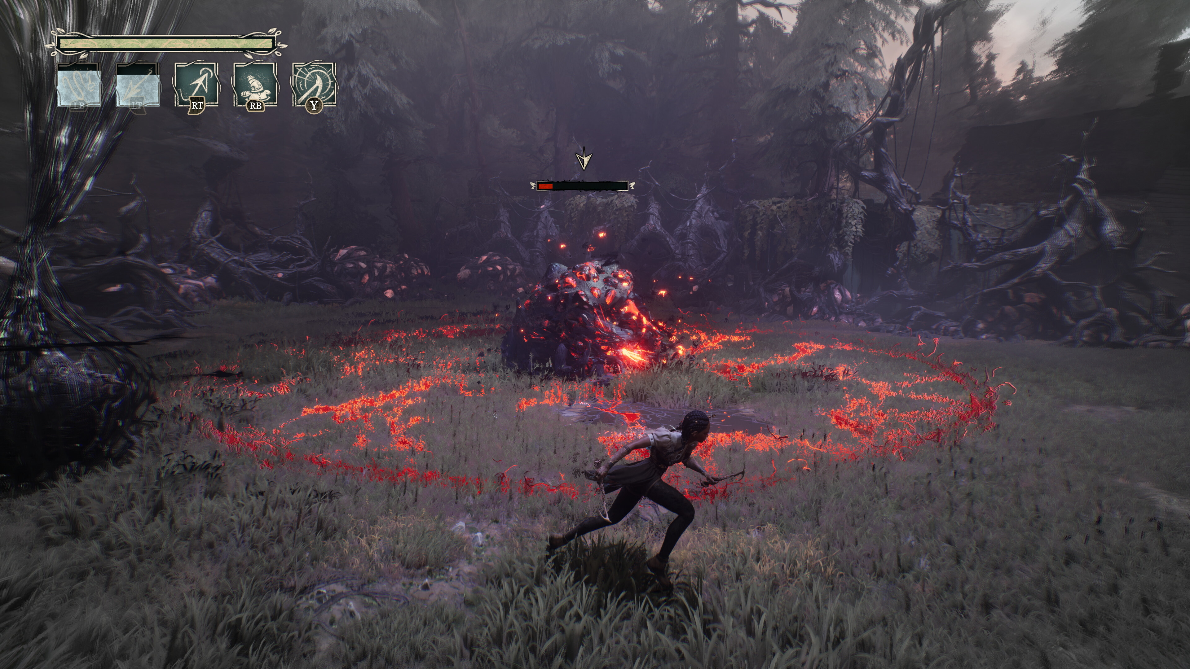 Hazel darts to the right to avoid a boss' attack