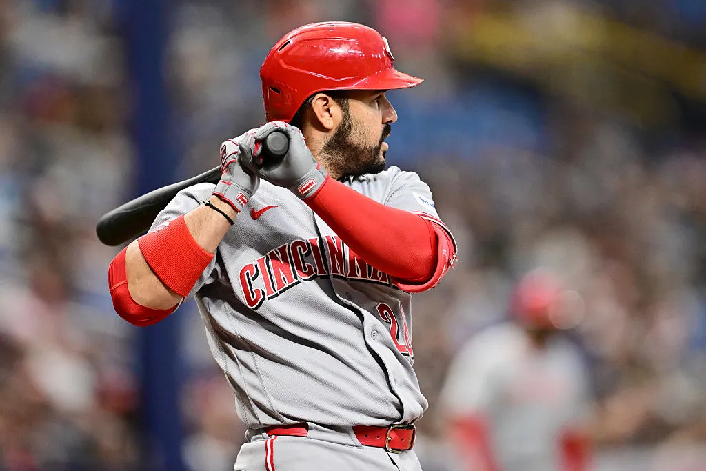 ST PETERSBURG, FLORIDA - APRIL 21: Eugenio Suárez #28 of the Cincinnati Reds at bat during a game against the Tampa Bay Rays at Tropicana Field on April 21, 2026 in St Petersburg, Florida. (Photo by Julio Aguilar/Getty Images)