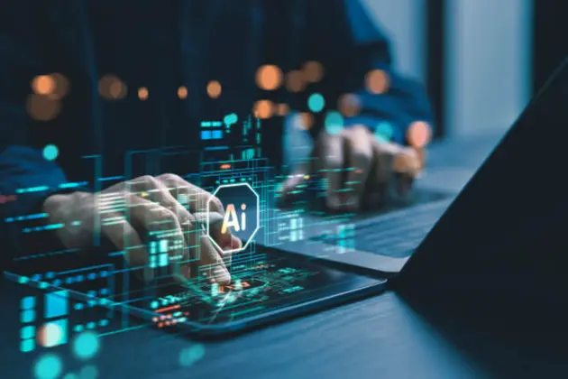 Humans are using laptops and computers to interact with AI, helping them create, code, train AI, or analyze big data with fast, cutting-edge technology.