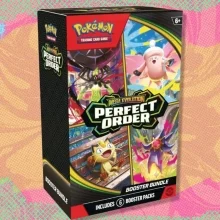 The Pokémon TCG: Mega Evolution—Perfect Order Booster Bundle on a green, orange, and red background