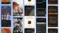 A collage of smartphone screens shows Android features, including Voice Access, Dark theme, Autoclick settings, a chat with Gboard, a calendar event, and a hearing aid connection.