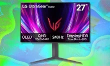 LG 27-inch UltraGear OLED gaming monitor (27GS93QE) on a green and blue background