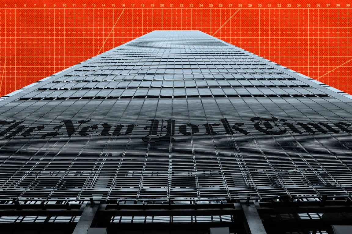A low-angle view of The New York Times building, showcasing its modern glass and steel facade with horizontal slats. The building extends upward, tapering into the distance against a bright orange background with a grid pattern and numbered markings along the top edge.