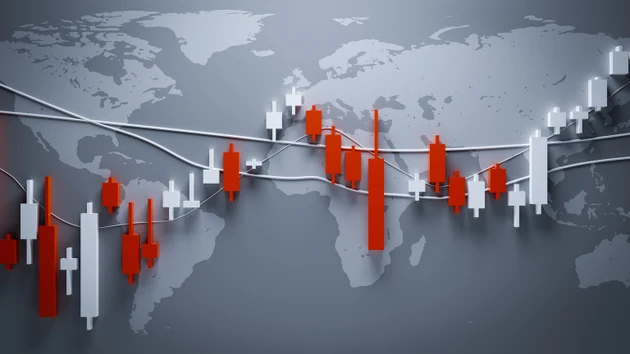 Stock chart graph with world map background. 3d rendering