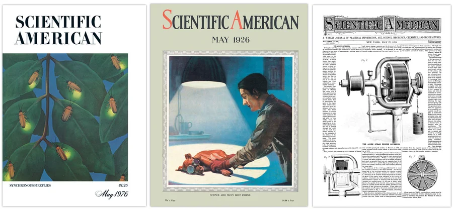 Three archival covers of Scientific American from May 1976, 1926 and 1876.