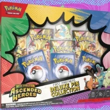 The Pokémon TCG Mega Evolution Ascended Heroes Deluxe Pin Collection on  purple, blue, and red, background