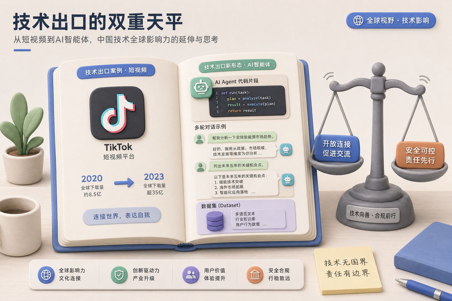一本打开的技术出口目录放在桌面中央,左页是TikTok短视频图标和2020、2023年份标签,右页是AI agent代码块、中文对话气泡和数据集箱子,旁边有灰色天平摇摆,浅色背景的商业评论版橡皮泥平面信息图的统一风格。