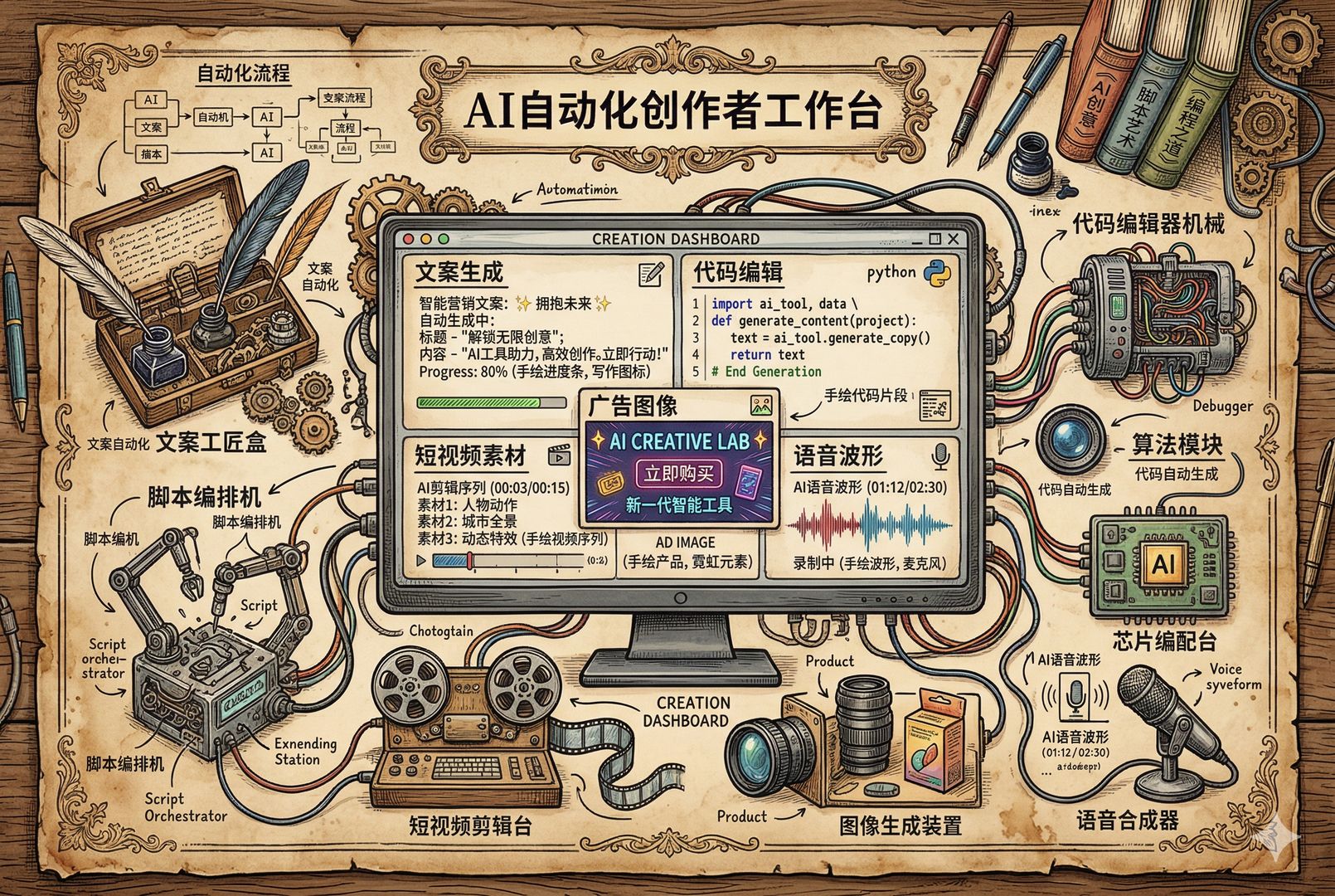 一张创作者工作台俯视图,屏幕上分别呈现文案生成、代码编辑、广告图像、短视频素材和语音波形,多种AI工具像工匠器械一样排开,体现自动化编排的密集感,羊皮纸,钢笔彩色手绘的统一风格。