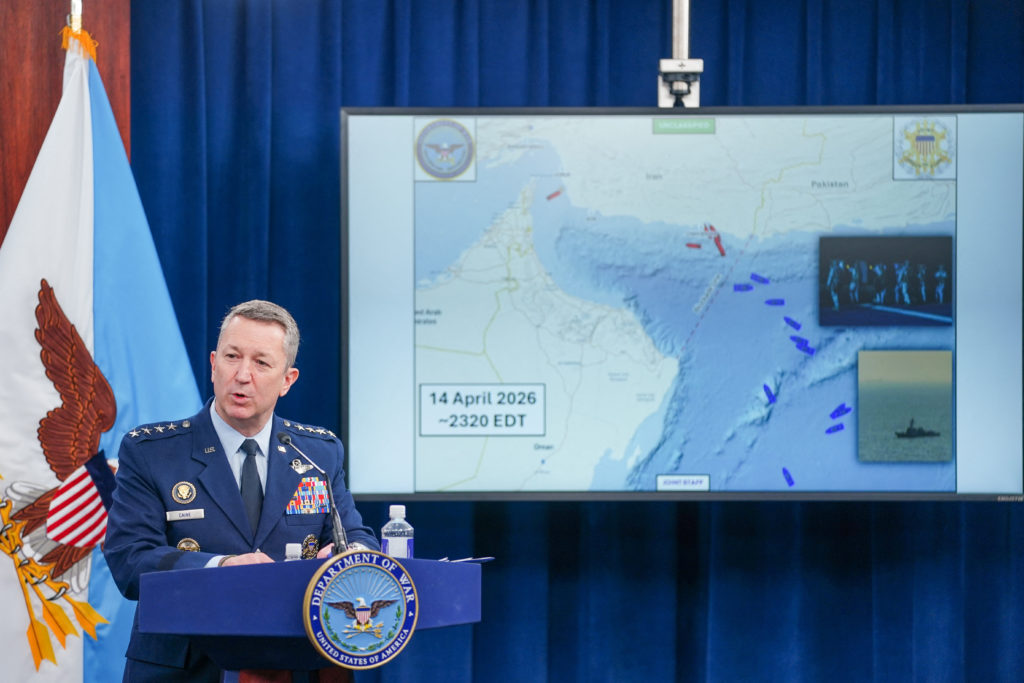 U.S. Defense Secretary Pete Hegseth and Chairman of the Joint Chiefs of Staff Caine hold a briefing on the Iran war, at th...