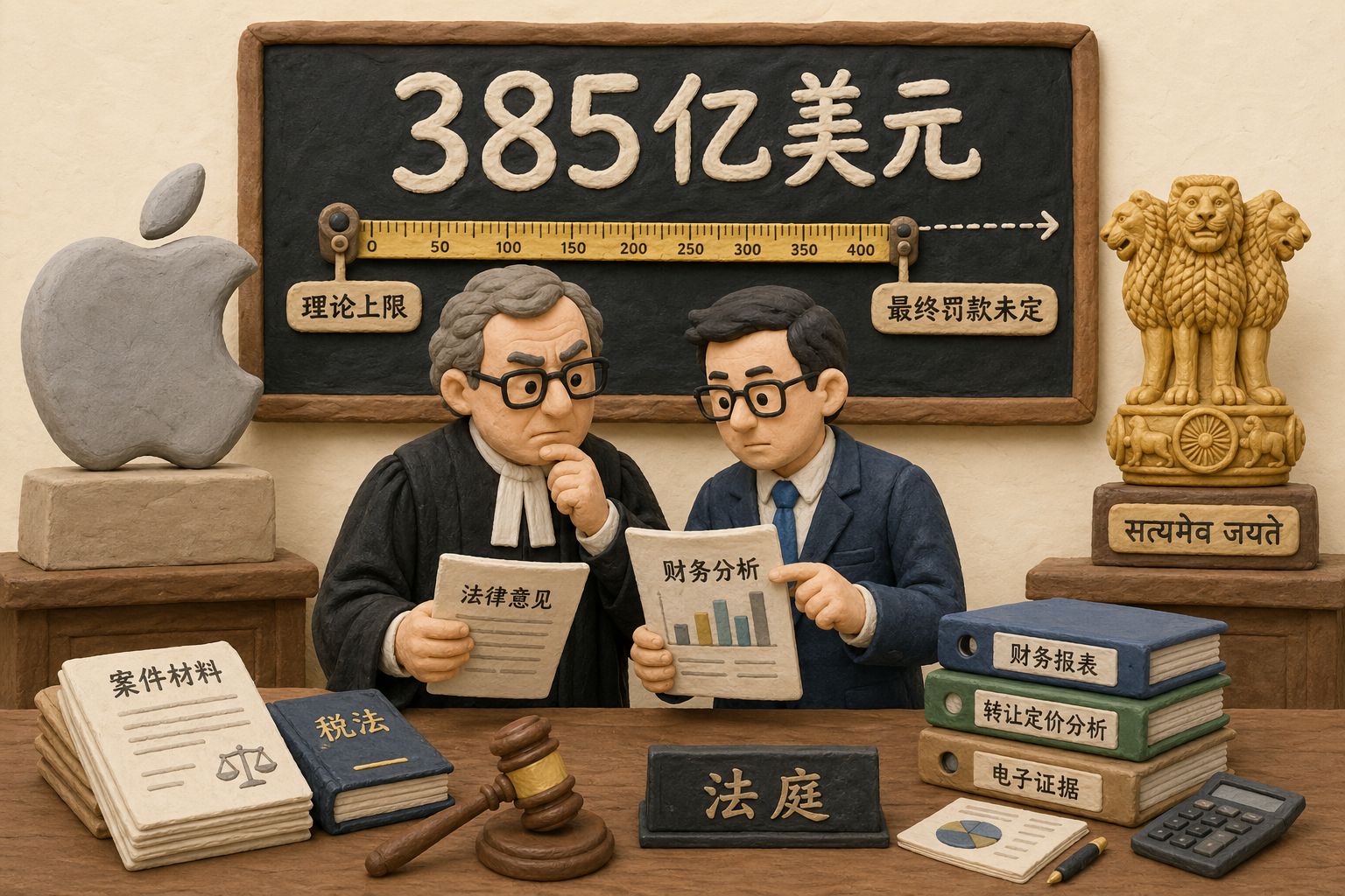 巨大的数字“385亿美元”被写在法庭黑板上,旁边一把卷尺从“理论上限”拉到“最终罚款未定”,一位法官和会计师站在苹果标志与印度国徽之间比对文件,羊皮纸,钢笔彩色手绘的统一风格。