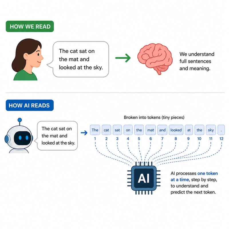 A person says a full sentence while an AI breaks it into small word tokens and processes them one by one