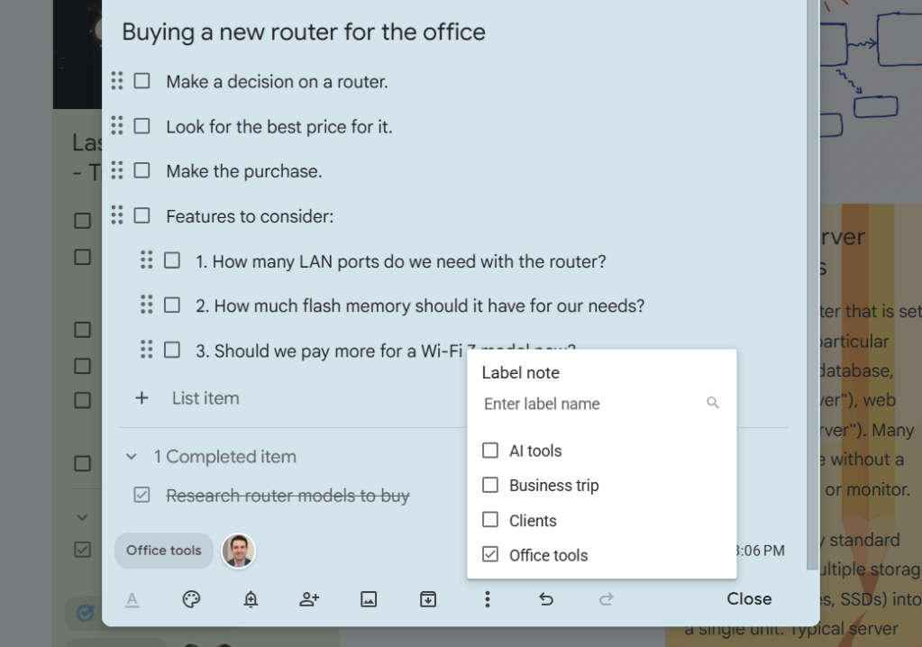 note in google keep with labels menu