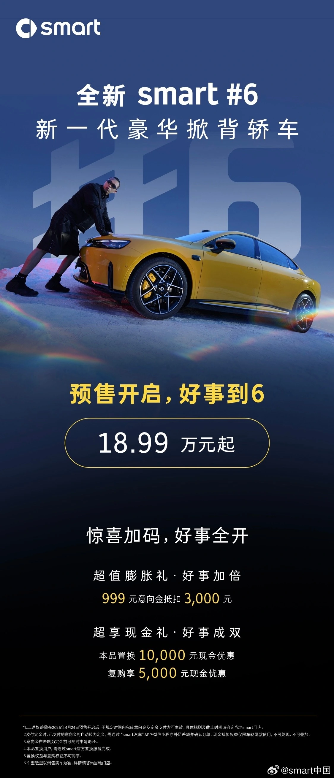 smart 史上最大车型:全新 smart 精灵 6 号掀背插混轿车开启预售,18.99 万元起