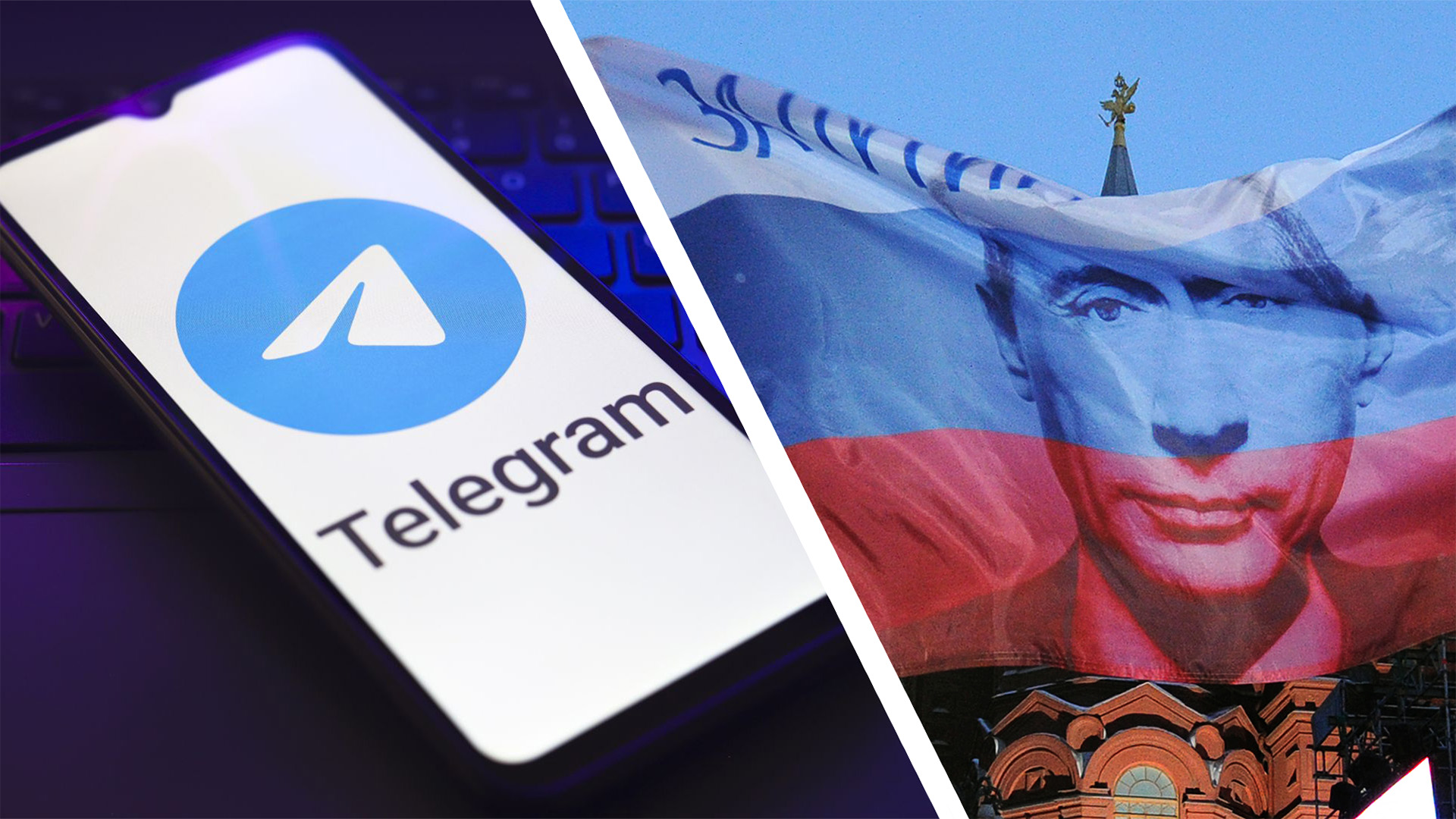On the left, the Telegram logo appears on the screen of a smartphone that rests on top of a laptop keyboard. On the right, A Russian flag featuring Prime Minister Vladimir Putin.