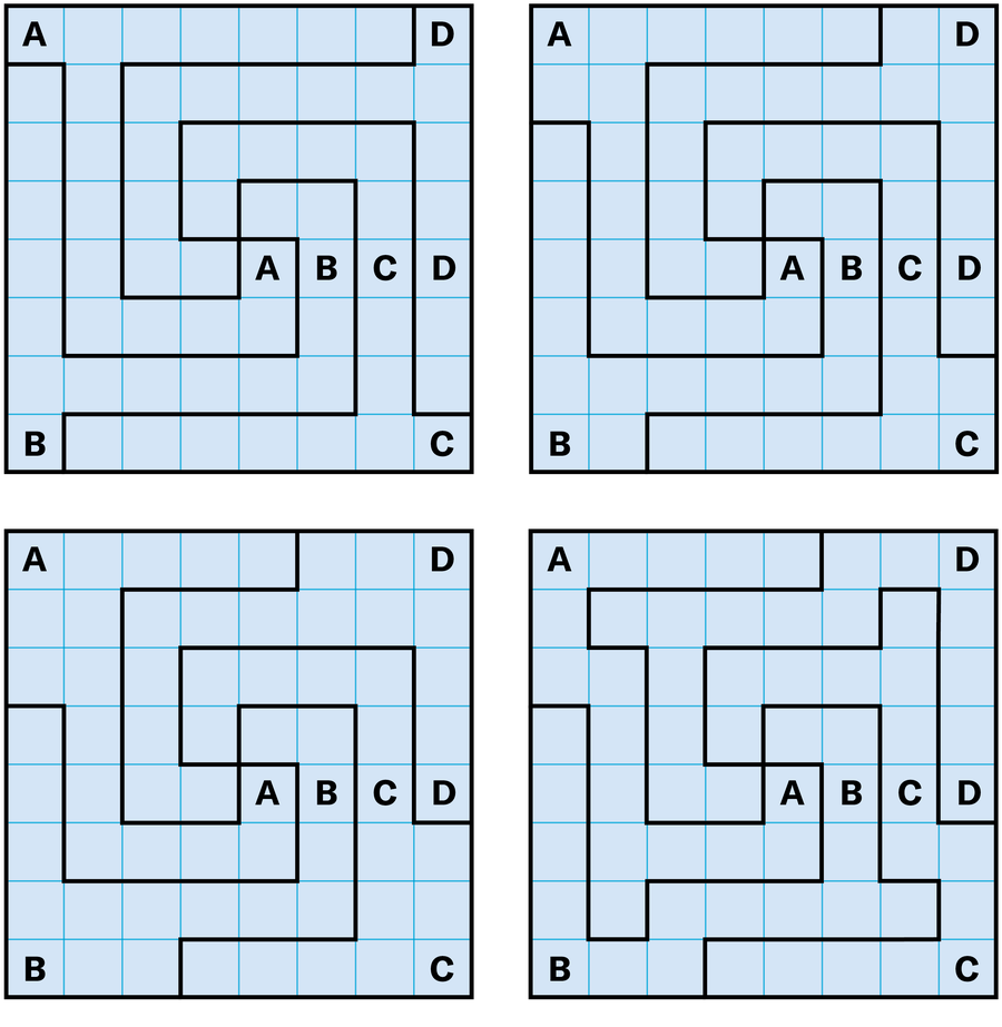 Diagram shows four iterations of the grid and letters in the puzzle. Each grid is overlaid with one irregular shape rotated four times to fill the entire square.