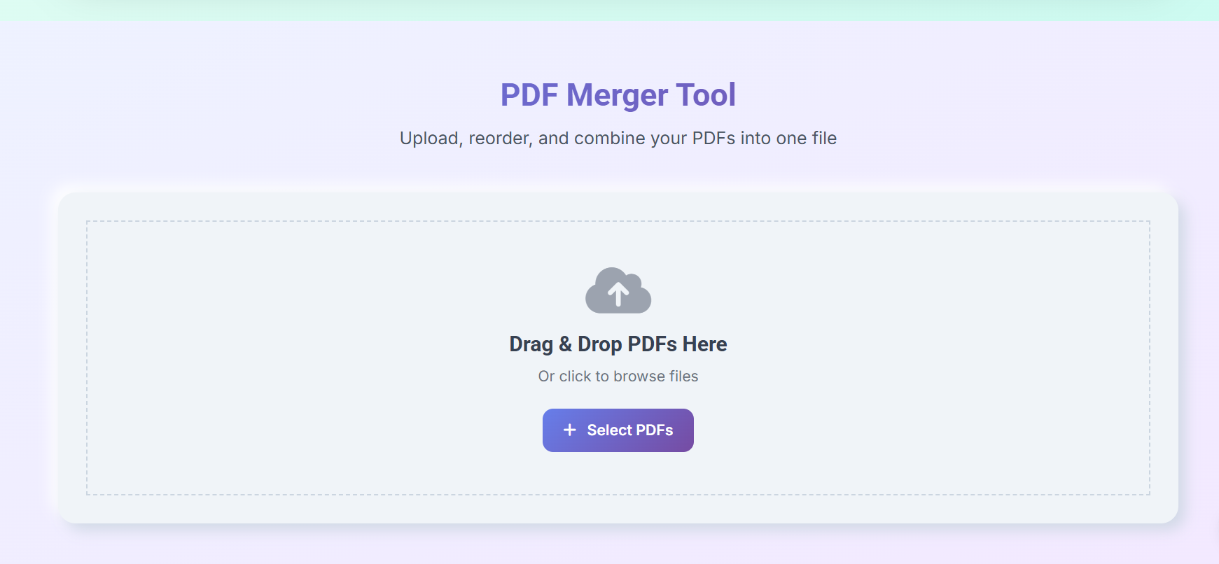 PDF merger tool interface showing drag and drop upload area with select files button