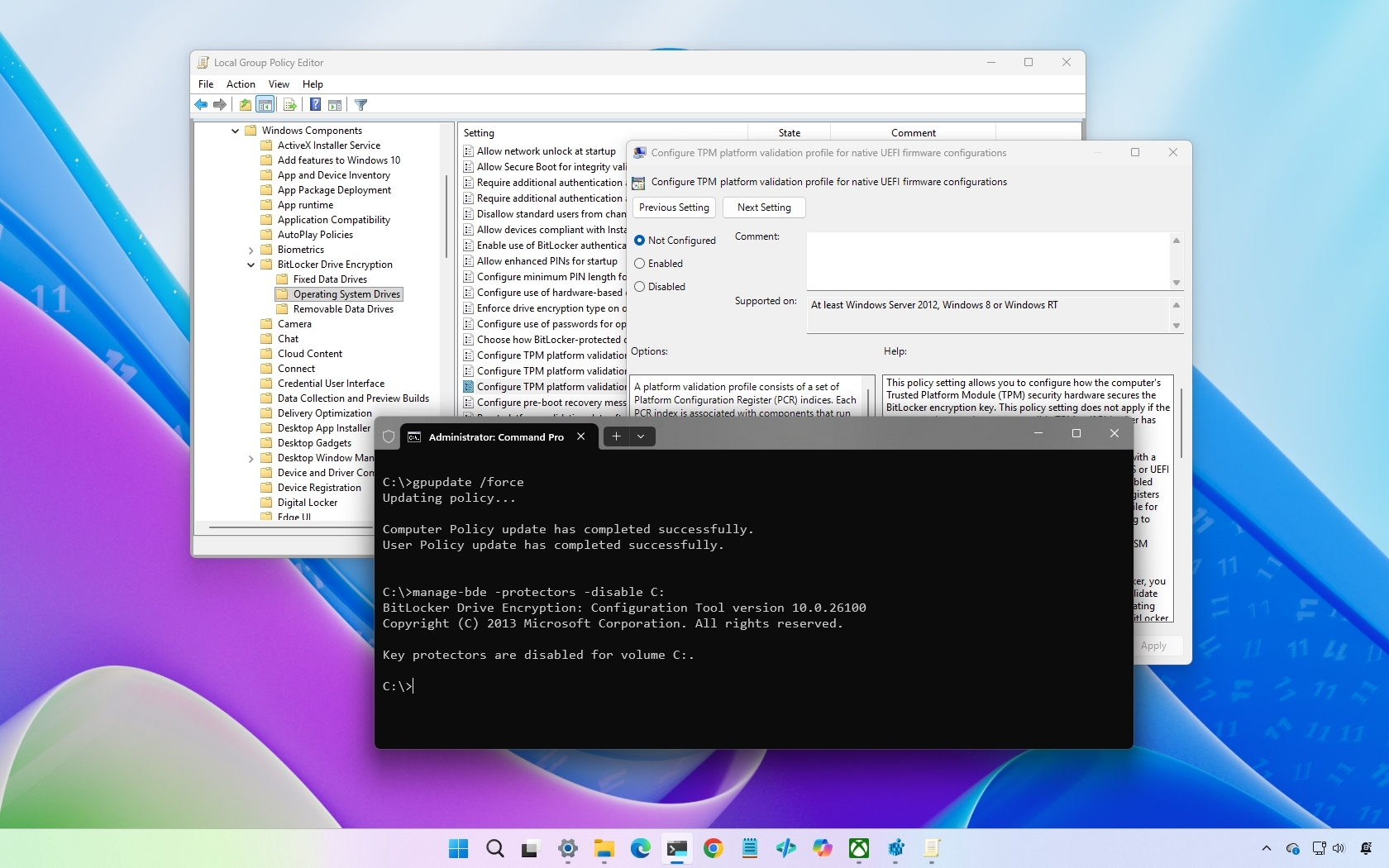 Windows 11 desktop showing group policy editor and command prompt. The editor highlights a setting, while command prompt displays a successful encryption command.