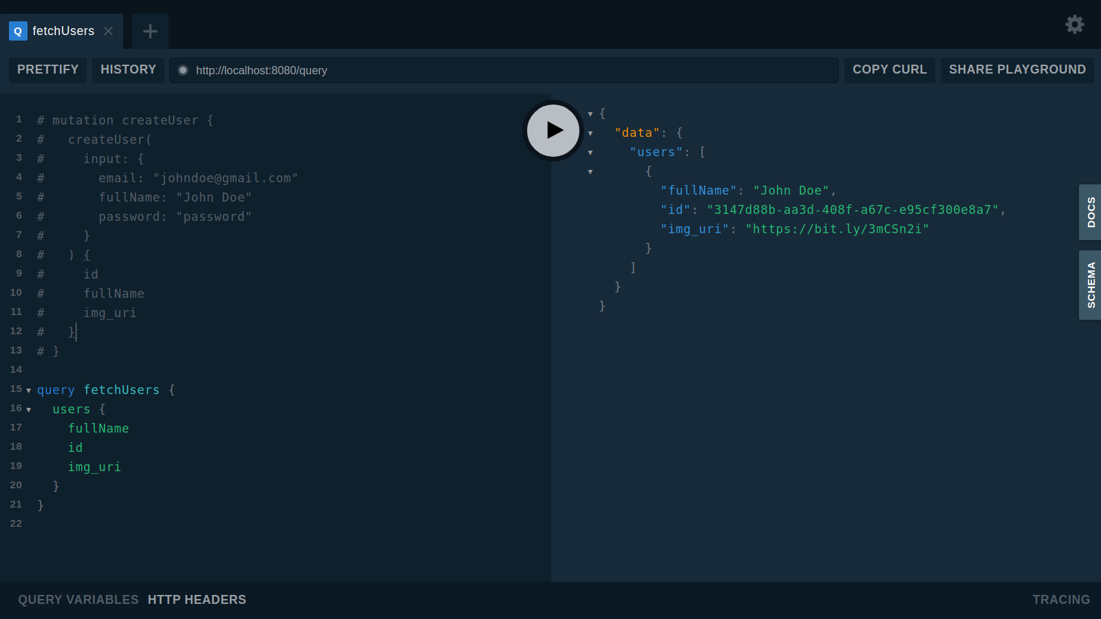 Query result GraphQL playground