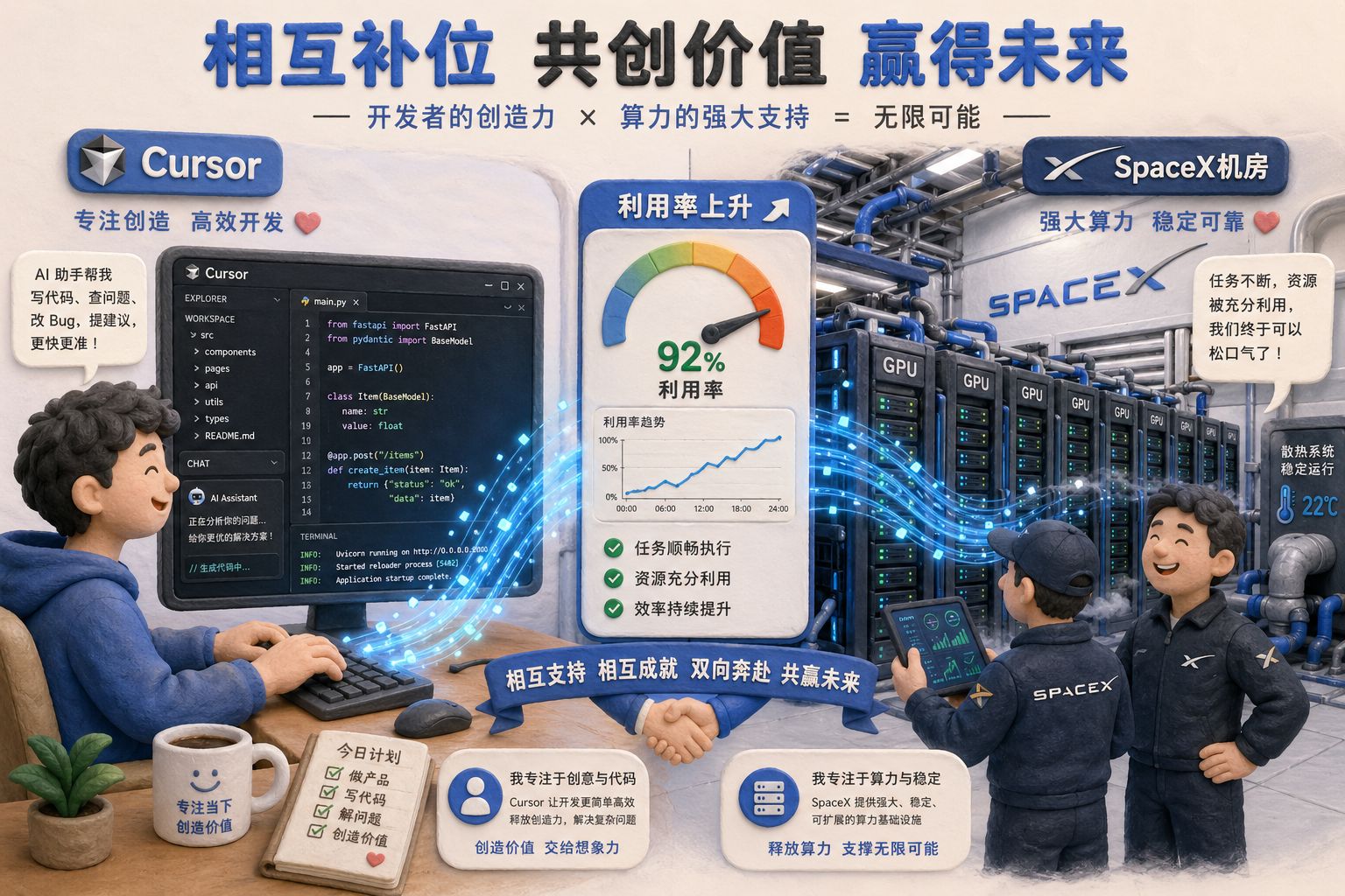 Cursor 的代码编辑界面与 SpaceX 的大型机房在同一画面中拼接,发光的数据流从开发者键盘涌向成排GPU服务器,利用率仪表快速上升,两边人物都露出松一口气的神情,表现相互补位,羊皮纸,钢笔彩色手绘的统一风格。