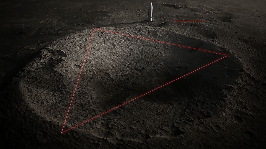 A large, shadowy lunar crater, with a triangle of laser beams connecting points along its edge.