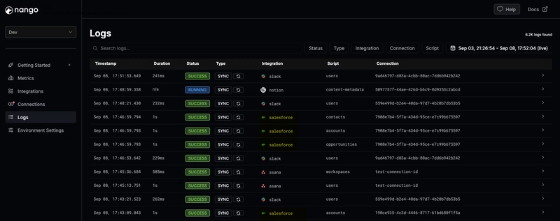 Nango observability dashboard showing detailed API integration logs