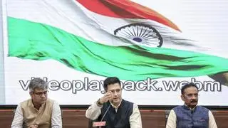 New Delhi: Rajya Sabha MP Raghav Chadha, centre, adddresses a press conference at the Constitution Club, in New Delhi, Friday, April 24, 2026. Rajya Sabha MPs Sandeep Pathak, left, and Ashok Mittal are also seen. (PTI Photo)(PTI04_24_2026_000230B) New Delhi: Rajya Sabha MP Raghav Chadha, centre, adddresses a press conference at the Constitution Club, in New Delhi, Friday, April 24, 2026. Rajya Sabha MPs Sandeep Pathak, left, and Ashok Mittal are also seen. (PTI Photo)(PTI04_24_2026_000230B)