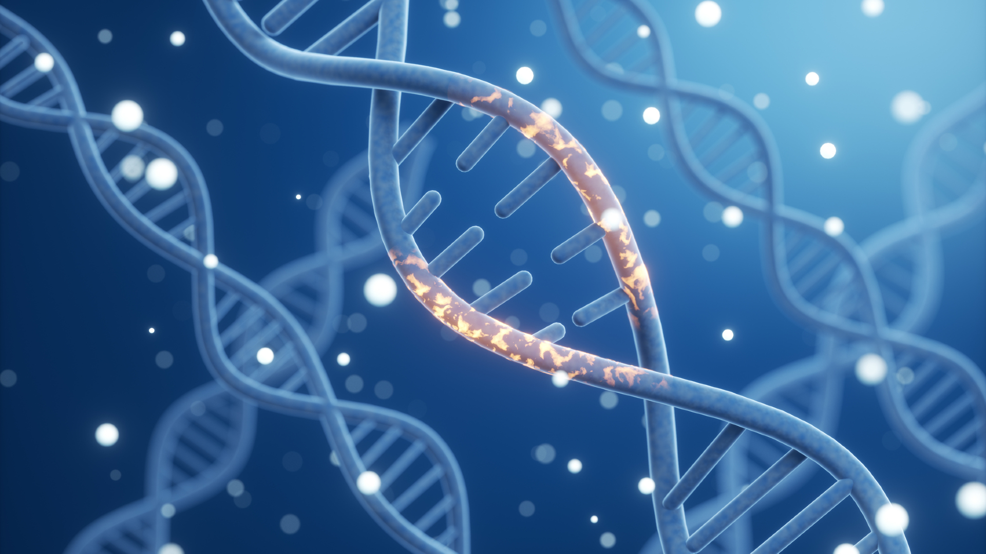 An illustration of blue double-helix strands of DNA surrounded by white bubbles against a blue background.