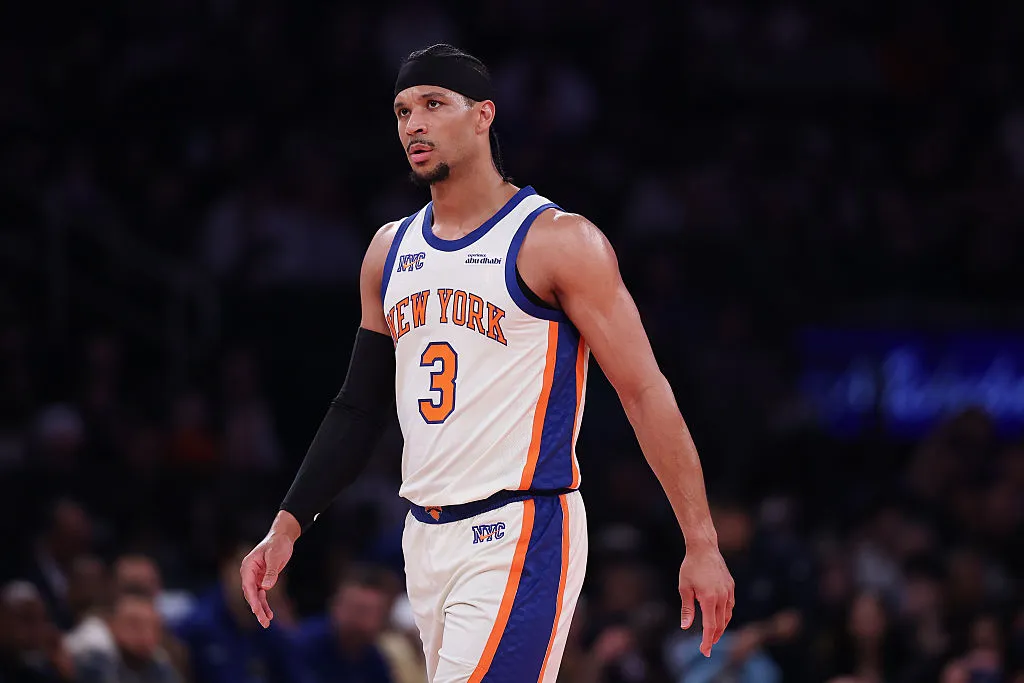 NEW YORK, NEW YORK - MARCH 15: Josh Hart #3 of the New York Knicks looks on during the first quarter of the game against the Golden State Warriors at Madison Square Garden on March 15, 2026 in New York City.