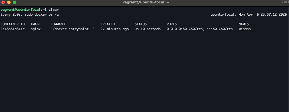 Terminal running watch docker ps showing webapp container status as Up 10 seconds after automatic restart