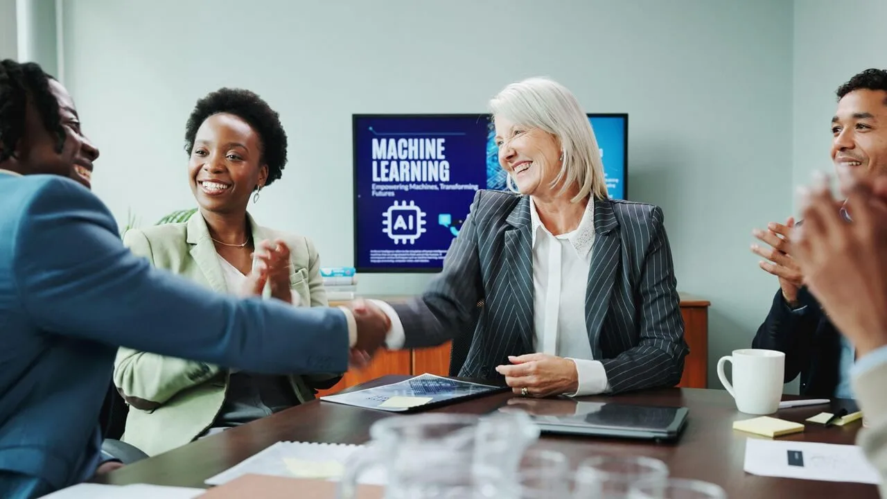 Business, people or handshake with celebration in meeting for hiring deal, machine learning seminar or applause. Data scientist, welcome or shaking