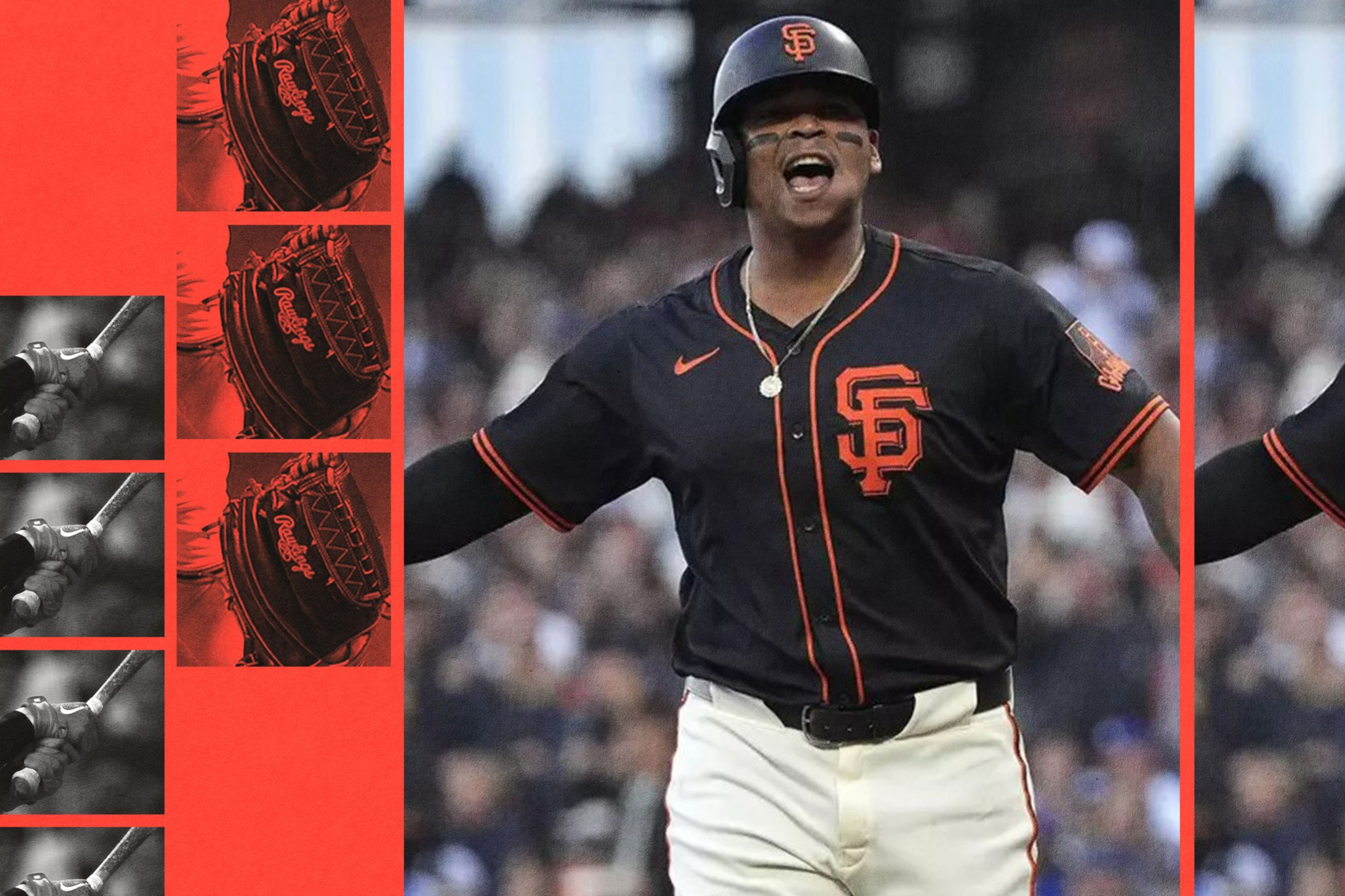 A San Francisco Giants player celebrates with arms outstretched, wearing a black and orange uniform and helmet, with a red border and baseball gear on the sides.