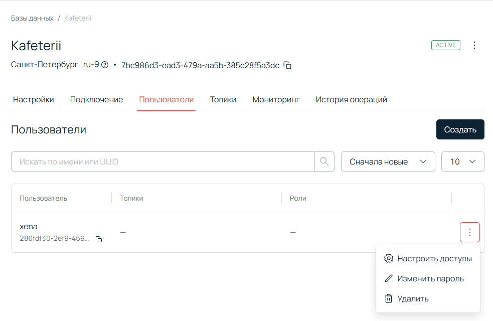 Меню созданного пользователя. Меню созданного пользователя.
