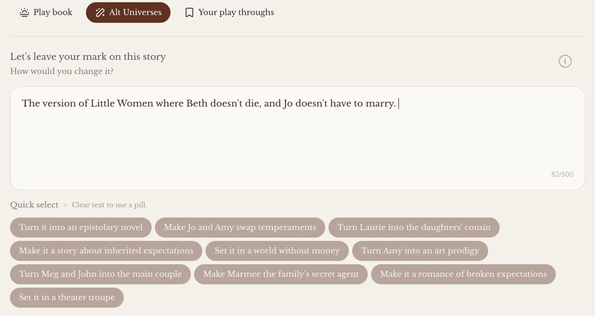 A screenshot of the Character.AI Books "Alternate Universes" page. There is a text box and a row of suggestions below.