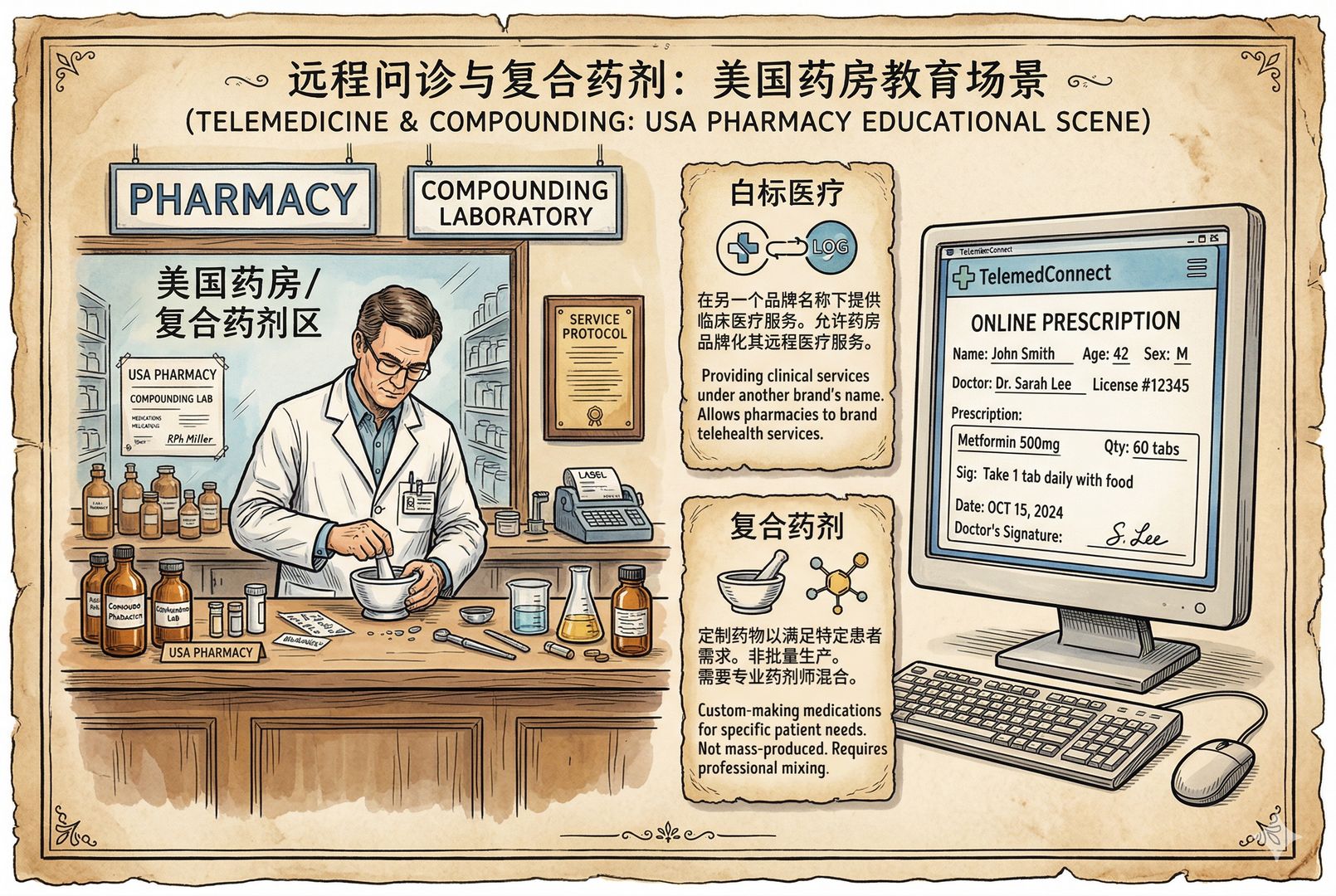 一间美国药房与远程问诊界面并置的教育式场景,药剂师在柜台后配制药物,电脑屏幕上显示线上处方表单,旁边标注“白标医疗”“复合药剂”的概念卡片,羊皮纸,钢笔彩色手绘的统一风格。