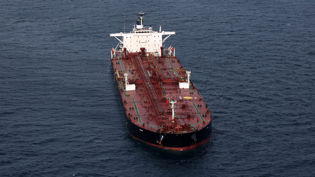 An aerial view shows the oil tanker named Boracay (also called Pushpa), a vessel being investigated by French authorities and suspected of belonging to the so-called "shadow fleet" involved in the Russian oil trade, off the coast of the western France port of Saint-Nazaire, France, October 2, 2025