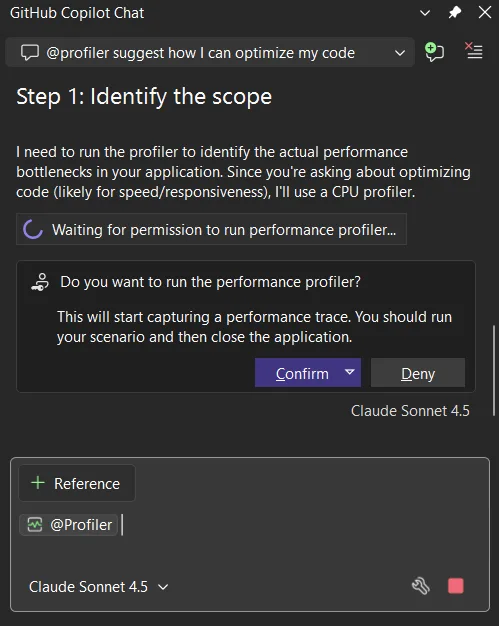 GitHub Copilot Chat showing profiler suggestion to optimize code step identify scope message requesting permission to run CPU performance profiler with confirm and deny buttons and model selector visible