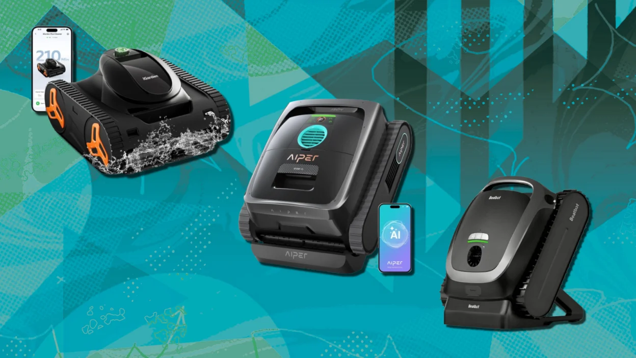 Aiper, Beatbot, and iGarden robot vacuums with teal background