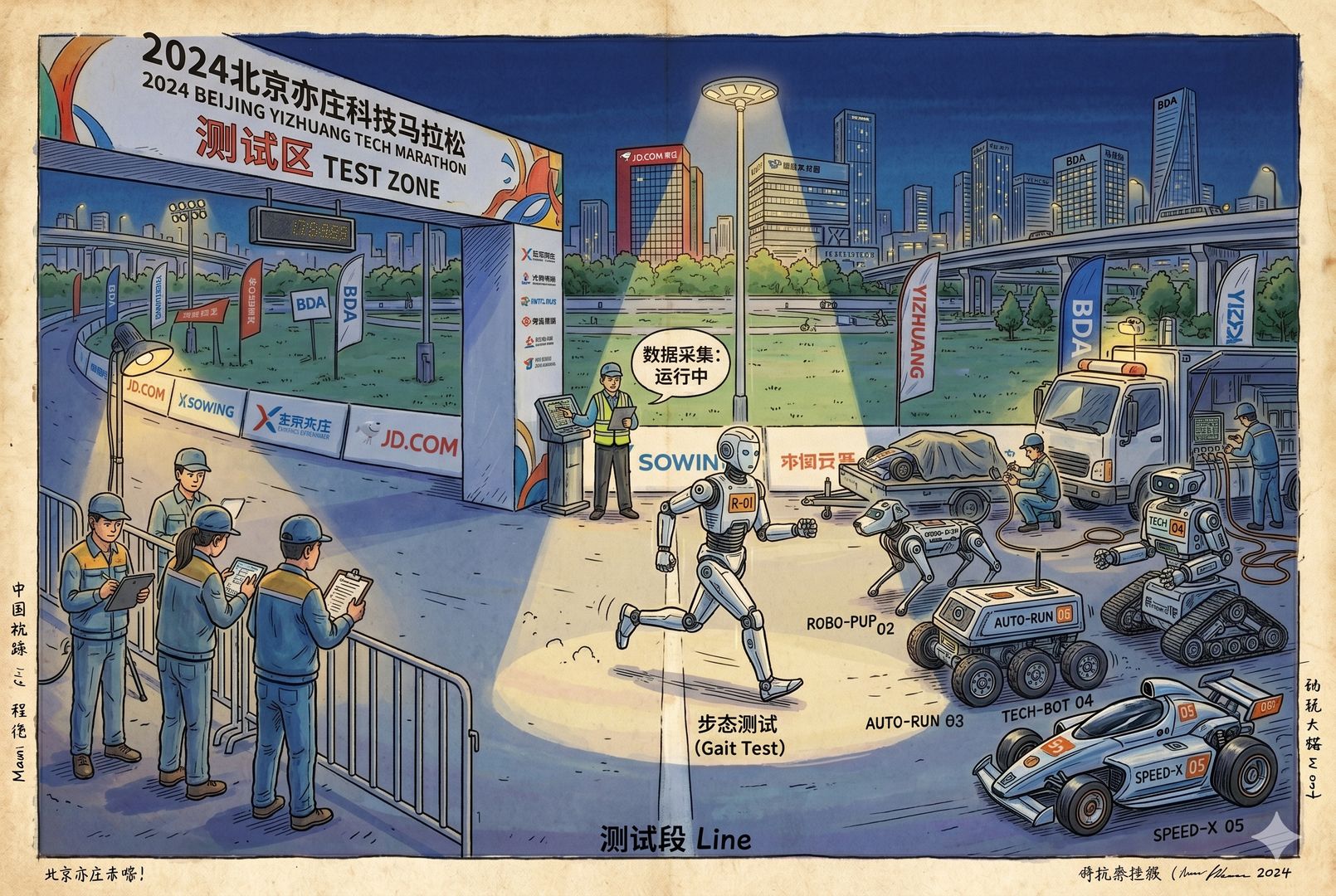 夜间封闭测试道路上,一台人形机器人在路灯下独自试跑,工程车与路边围栏隐约可见,远处工程师观察记录,呈现赛前反复夜跑测试的场景,羊皮纸,钢笔彩色手绘的统一风格。