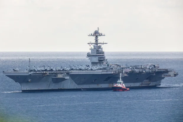 The USS Gerald R. Ford aircraft carrier arrives at the Souda Bay naval base on the island of Crete, Greece, March 23, 2026. 