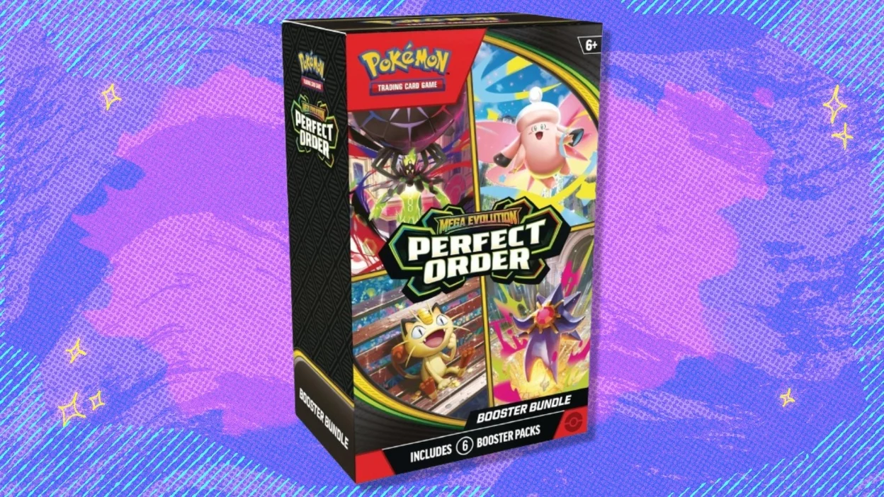 The Pokémon TCG: Mega Evolution — Perfect Order Booster Bundle on a blue and purple background