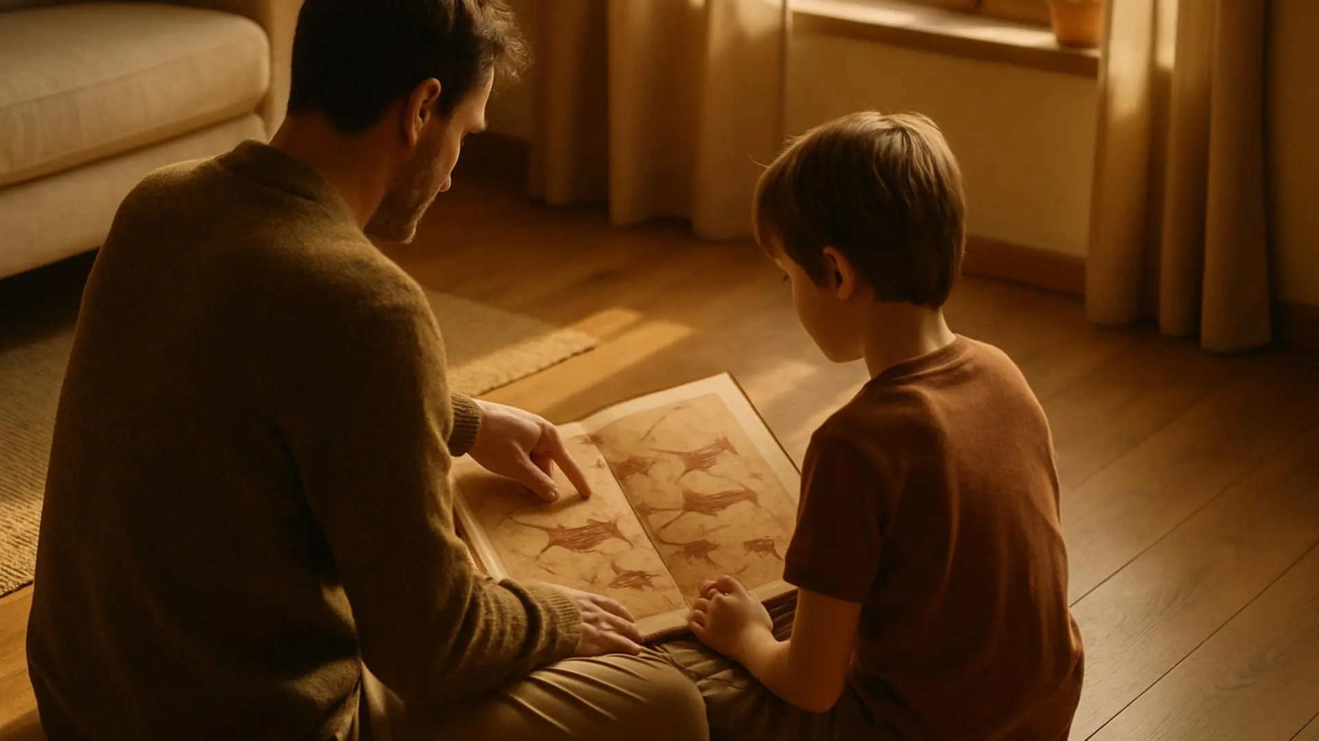 Un adulto y un niño miran juntos un libro ilustrado sobre la prehistoria en casa.